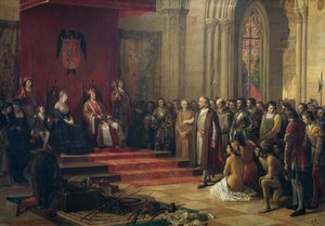 Christoph Kolumbus wird von den katholischen Königen in Barcelona bei seiner Rückkehr von seiner ersten Reise nach Amerika empfangen, Gemälde von 1874 von Ricardo Balaca von Ricardo Balaca y Canseco
