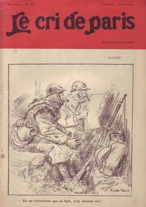 Illustration von Ricardo Flores (1878-1918) für das Cover von Le Cri de Paris, 20/02/16 - „Dort drüben würden sie nicht so laut schreien, wenn sie hier wären.“ - Krieg von 14-18, Presse/Medien, Soldatenleben, Schützengräben, Alltag, Rauchen, Marmelade, Gew von Ricardo Flores