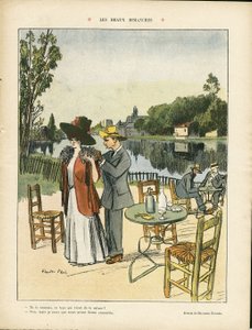 Illustration von Ricardo Flores (1878-1918) in Le Rire, 04.07.08 - Schöne Sonntage - Freizeit, Natur Vegetation, Architektur Urbanismus, Restaurant Cafés, Maritim Marine Küste