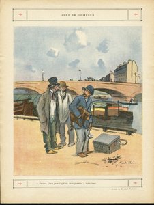 Illustration von Ricardo Flores (1878-1918) in Le Rire - Beim Friseur - Paris, Berufe, Architektur Urbanismus, Brücke, Fluss - Hund, Friseur von Ricardo Flores