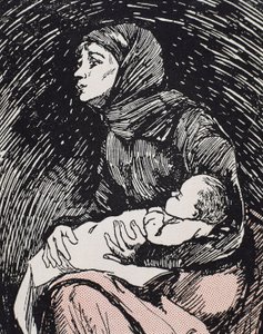 Heiligabend. 1900. Eine magere Frau mit ihrem Kind im Arm (Gravur) von Ricardo Maria Navarrete