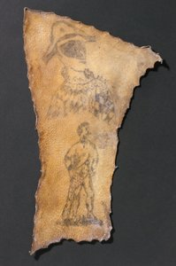 Menschliche Haut, tätowiert mit Harlekin und Figur von Samson, Französisch