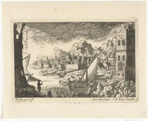 Stadtansicht mit Fischerhafen und anlegendem Boot
