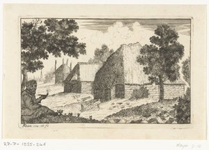 Zwei Bauernhäuser mit einem Pfeife rauchenden Mann (Bauernhäuser) von Richard Adam