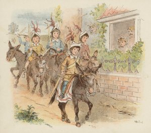 Kinder auf Eseln ziehen in den Krieg