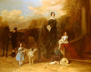 Eine Familie mit ihren Jägern und Hunden vor einem Herrenhaus