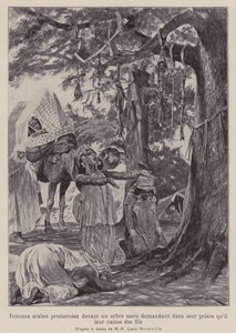 Arabische Frauen, die sich vor einem heiligen Baum niederwerfen und beten, dass ihnen Kinder gewährt werden (Lithografie)