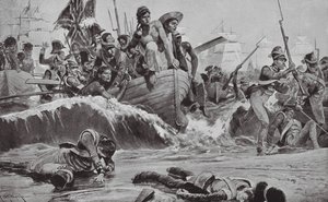 Die britischen Truppen erzwingen eine Landung in der Aboukir-Bucht vor den französischen Batterien von Richard Caton II (after) Woodville