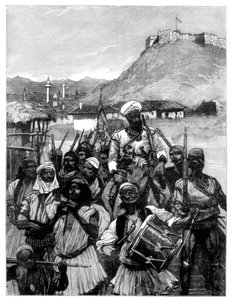 Albaner aus Scutari überqueren die Boyana, um Dulcigno zu besetzen, 1880