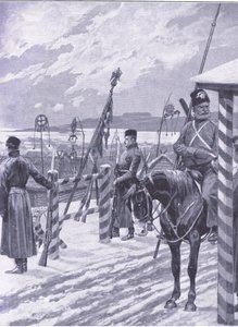 Ein Kosakenlager in der Mandschurei mit Stammeszeichen über den Hütten der Männer, Illustration aus Cassells Geschichte des Russisch-Japanischen Krieges Band 1, ca. 1900