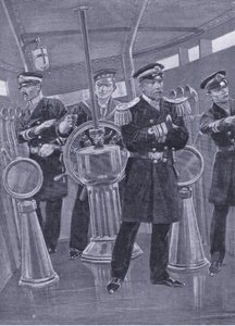 Admiral Togo im Kommandoturm seines Flaggschiffs, der eine Seeschlacht leitet, Illustration aus Cassells Geschichte des Russisch-Japanischen Krieges Band 1, ca. 1900