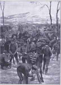 Japanisches Kavallerielager in Seoul: Hufschmiede bei der Arbeit, Illustration aus Cassells Geschichte des Russisch-Japanischen Krieges Band 1, ca. 1900 von Richard Caton Woodville
