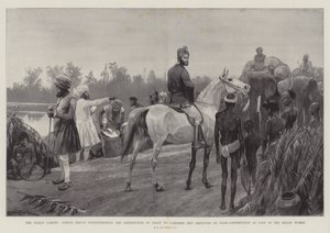 Die indische Hungersnot, ein einheimischer Prinz überwacht die Verteilung von Getreide an ausgehungerte Männer, die im Rahmen der Hilfsarbeiten am Tankbau beschäftigt sind von Richard Caton Woodville junior