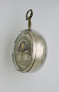 Seitenansicht einer Paargehäuse-Uhr, ca. 1685