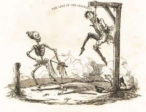 Vignette eines Skeletts und eines Mannes, der an einem Galgen hängt, 1827 von Richard Dagley