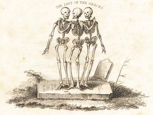 Vignette von drei Skeletten auf einem Grabstein (Gravur) von Richard Dagley