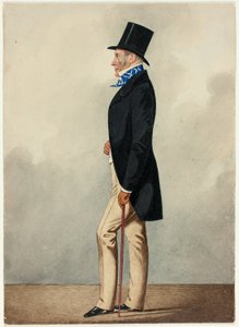 Porträt eines Mannes im schwarzen Mantel und blauer und weißer Krawatte
