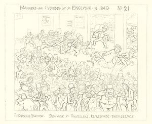 1849, Ein Bahnhof zeigt die Reisenden, die sich erfrischen
