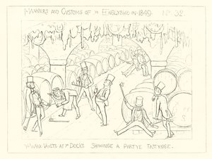 1849, Die Weinkeller an den Docks, die eine Verkostungsparty zeigen von Richard Doyle