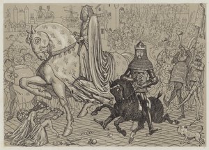Edward der Schwarze Prinz, mit seinem Gefangenen König Johann von Frankreich, zieht in London ein (Aquatinta) von Richard Doyle