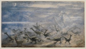 Mondlandschaft mit einer Hexe und jungen Drachen, 1876 von Richard Doyle