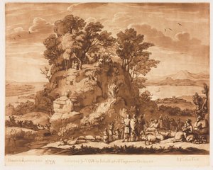 Liber Veritatis: Nr. 138, Ein Blick auf das Meer mit Christus, der auf dem Berg predigt (das Wasser unten könnte wahrscheinlich für das Meer von Tiberius stehen) von Richard Earlom