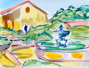 Vater Serra Statue und Brunnen, Carmel Mission, 2019 von Richard Fox
