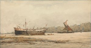 Eine vertäute Bark und Barke in einem Fluss von Richard Henry Nibbs