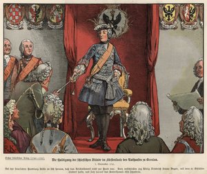 Friedrich der Große empfängt Tribut von den Schlesiern im Rathaus von Breslau von Richard Knoetel