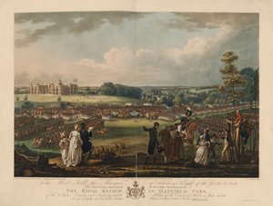 Die königliche Überprüfung im Hatfield Park der Freiwilligen Kavallerie und Infanterie, mit der Miliz des Landkreises Herts, am 13. Juni 1800, graviert von Joseph C. Stadler von Richard Livesay