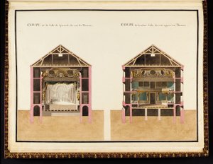 Schnitt des Theatersaals von der Theaterseite & Schnitt des gleichen Saals von der gegenüberliegenden Seite, aus Recueil des plans du Petit Trianon von Richard Mique