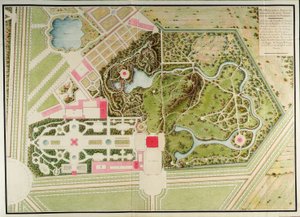 Plan des französischen und ländlichen Gartens des Petit-Trianon mit den Massen des Gebäudes, aus Recueil des plans du Petit Trianon von Richard Mique
