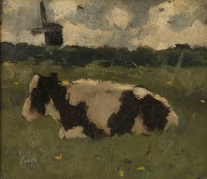 Ruhende Kuh mit einer Mühle