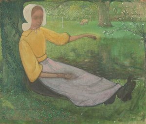 Frau von Huizen, die unter einem Baum sitzt von Richard Nicolaüs Roland Holst