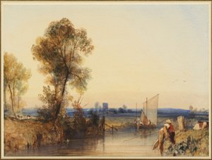 Ein Fischer am Ufer eines Flusses, ein Kirchturm in der Ferne von Richard Parkes Bonington