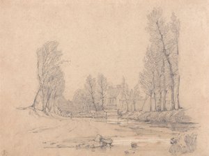 Ein bewaldeter Bach und ein Bauernhaus in der Normandie von Richard Parkes Bonington