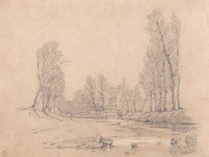 Ein bewaldeter Bach und ein Bauernhaus in der Normandie von Richard Parkes Bonington