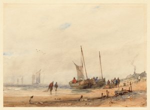 Küste mit gestrandeten Booten und Figuren von Richard Parkes Bonington