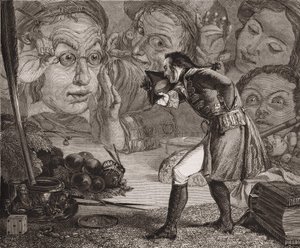 Jonathan Swifts Gulliver-Reisen. Gulliver wird auf einem Tisch zur Bewunderung der Bewohner von Brobdingnag ausgestellt. Redgrave-Gravur