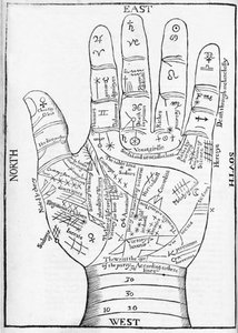 Illustration einer Hand mit chiromantischen Linien und Details aus Saunders Physiognomie, veröffentlicht 1671 (Kupferstich)