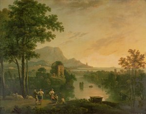 Küstenlandschaft am Abend mit tanzenden Hirten und Hirtinnen von Richard Wilson