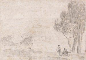 Ruinen des Tempels der Minerva?, Zwei Figuren am Flussufer von Richard Wilson