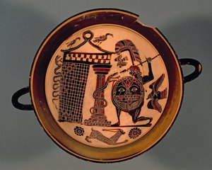 Lakonsche schwarzfigurige Tasse, die einen Krieger zeigt, der eine Schlange angreift, 6. Jahrhundert v. Chr. von Rider Painter