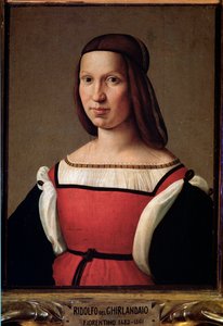 Porträt einer Dame aus den unteren Schichten in einem roten Kleid mit Puffärmeln