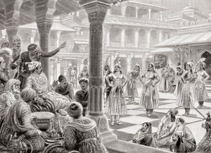 Akbar spielt Pachisi oder Chaupur mit lebenden Figuren in Fatehpur Sikri im Jahr 1575, aus Hutchinson