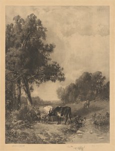 Ohne Titel (Kühe und Kälber an einem Bach) von Robert A. Eichelberger