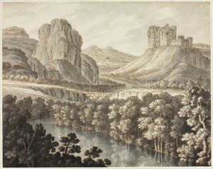 Eine romantische Landschaft mit einer Burgruine von Robert Adam