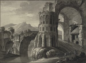 Architektonische Fantasie. Ruine einer antiken Brücke, flankiert von mittelalterlichen Türmen von Robert Adam