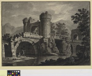 Architektonische Fantasie einer zerstörten Brücke in einer Landschaft von Robert Adam
