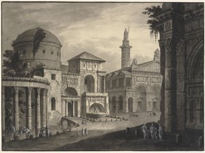 Architektonische Fantasie einer antiken Stadt mit einem Platz und vielen Gebäuden, einige teilweise in Ruinen
